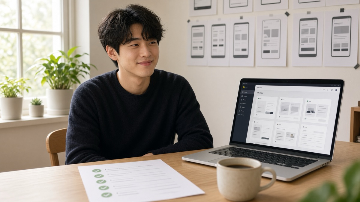 정리된 책상에서 완성된 화면과 체크리스트를 보며 웃는 1인 창업자