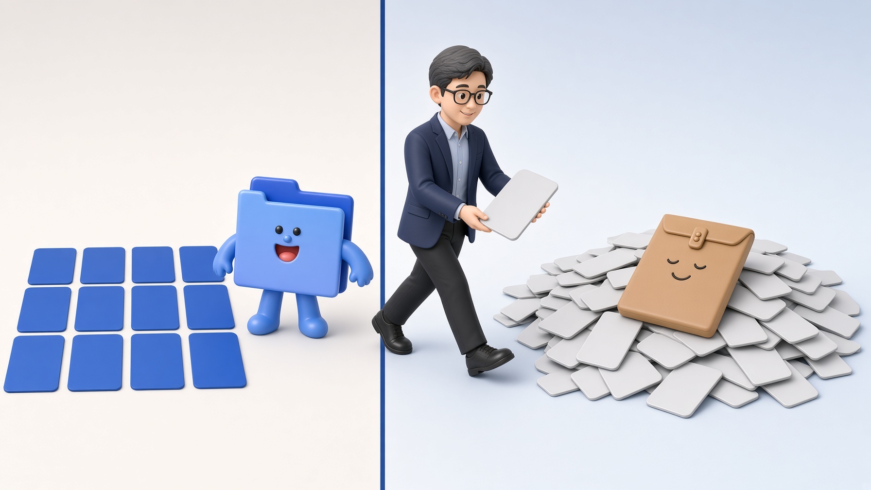 기획자가 회색 화면 카드 한 장을 나중에 할 일 더미로 옮기고 폴디와 봉봉이 지켜보는 그림