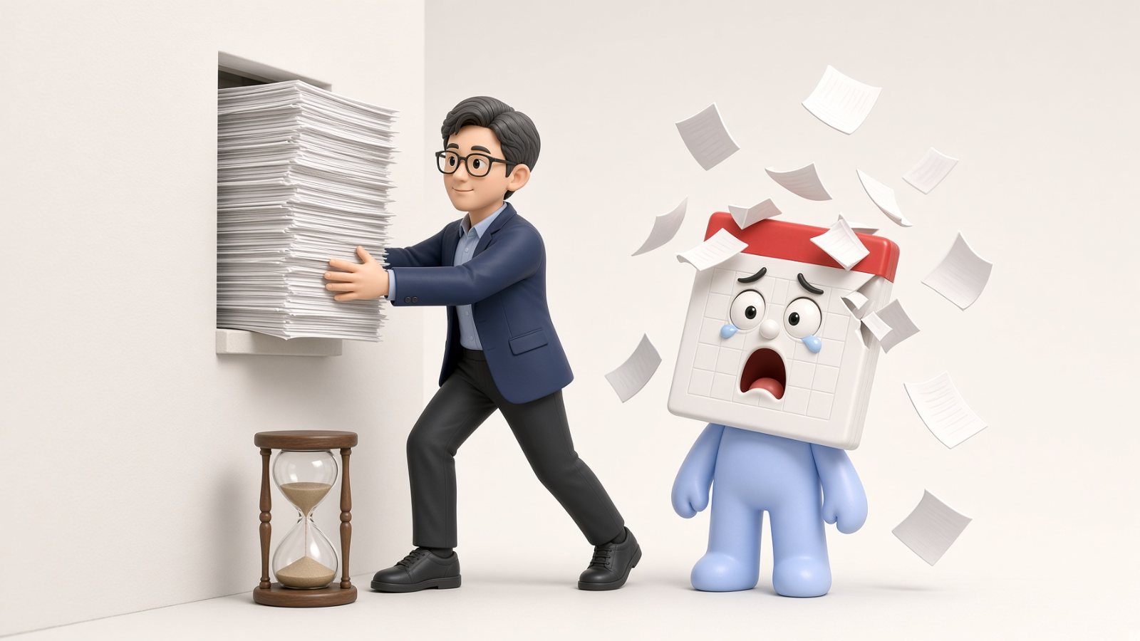 기획자가 두꺼운 문서 더미를 작은 창구로 밀어 넣고 모래시계 옆에서 기다리고, 달력 캐릭터가 놀라 날짜가 흩날리는 장면