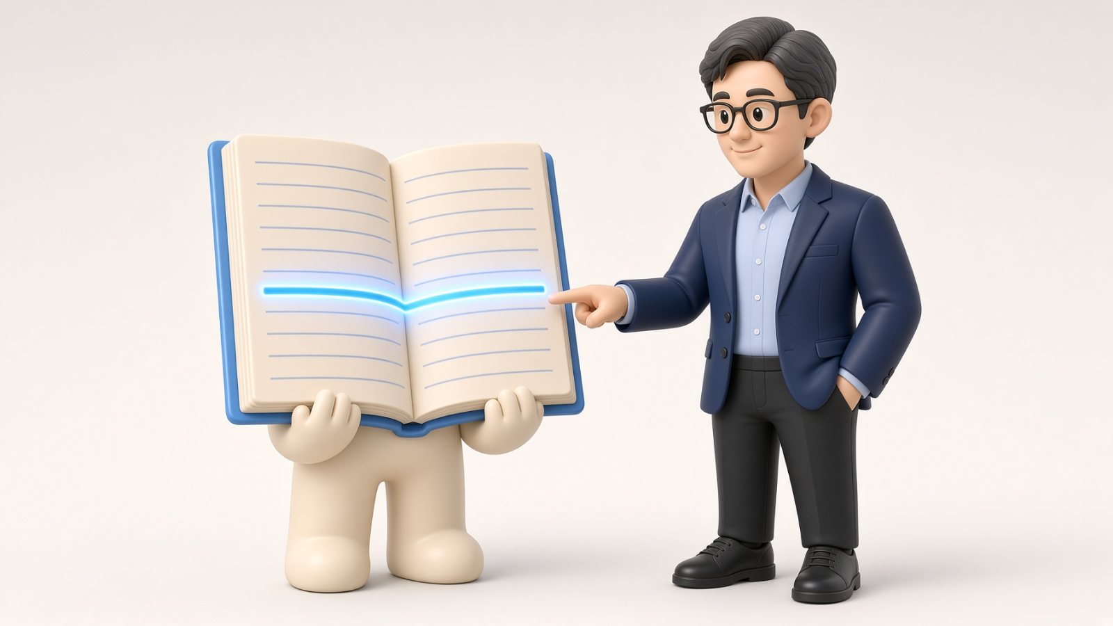 노트 캐릭터의 여러 줄 가운데 한 줄만 파랗게 빛나고 기획자가 그 줄을 가리키는 장면