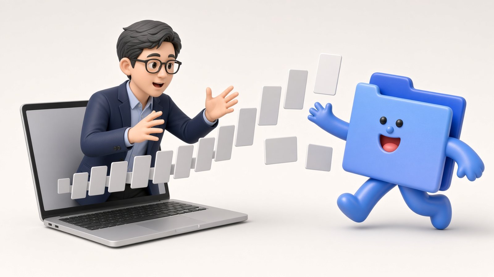 기획자가 말하는 동안 노트북에서 화면 카드가 흘러나와 지도로 정리되고 폴더 캐릭터가 받아 정리하는 장면