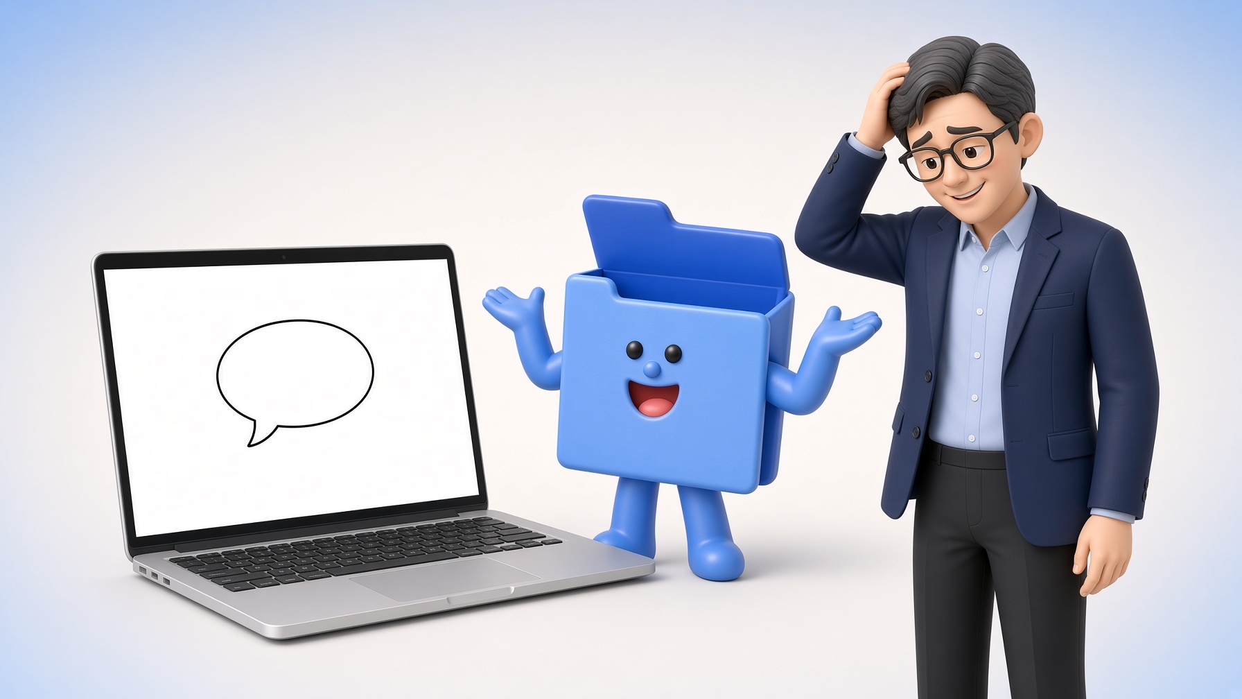 빈 노트북 화면 앞에서 폴더 캐릭터 폴디가 어깨를 으쓱하고 기획자가 머리를 긁는 그림