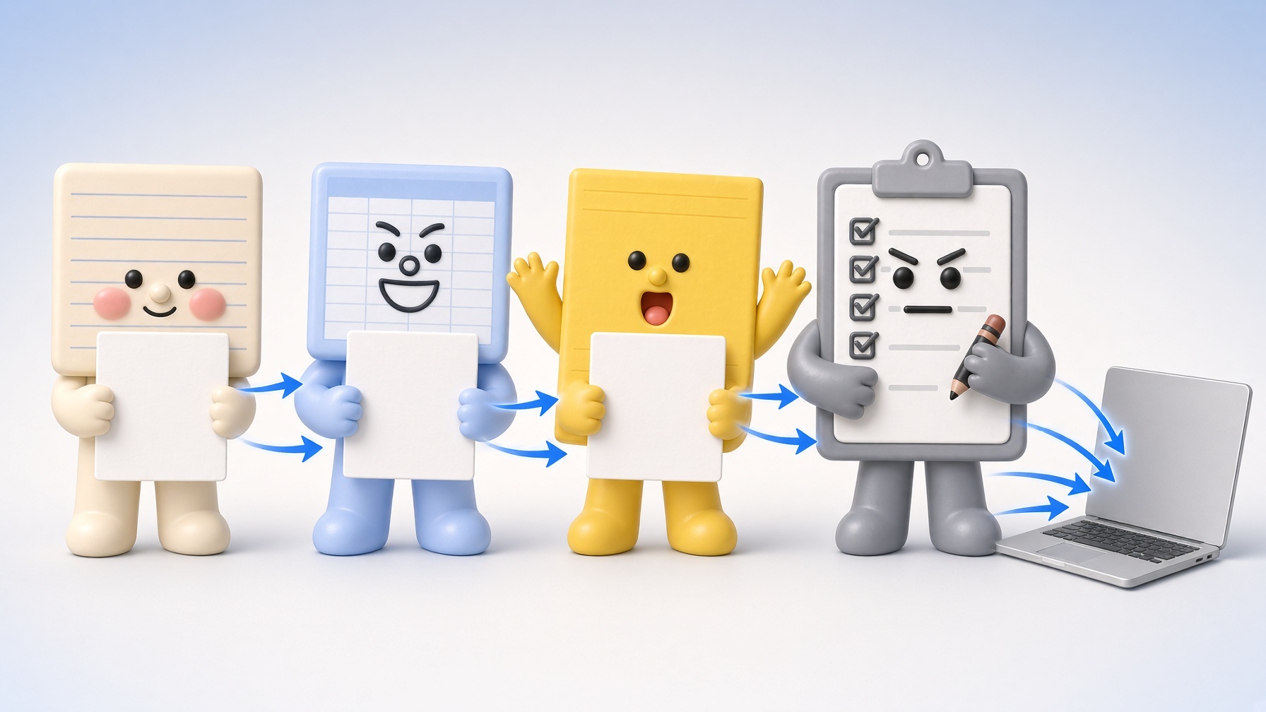 목목, 칸칸, 쫙쫙, 체키가 각자 문서를 들고 화살표로 노트북에 문서를 넘기는 그림