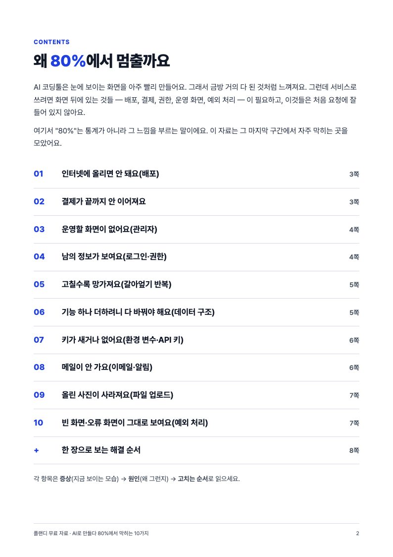 「AI로 만들다 80%에서 막히는 10가지와 해결 순서」 목차