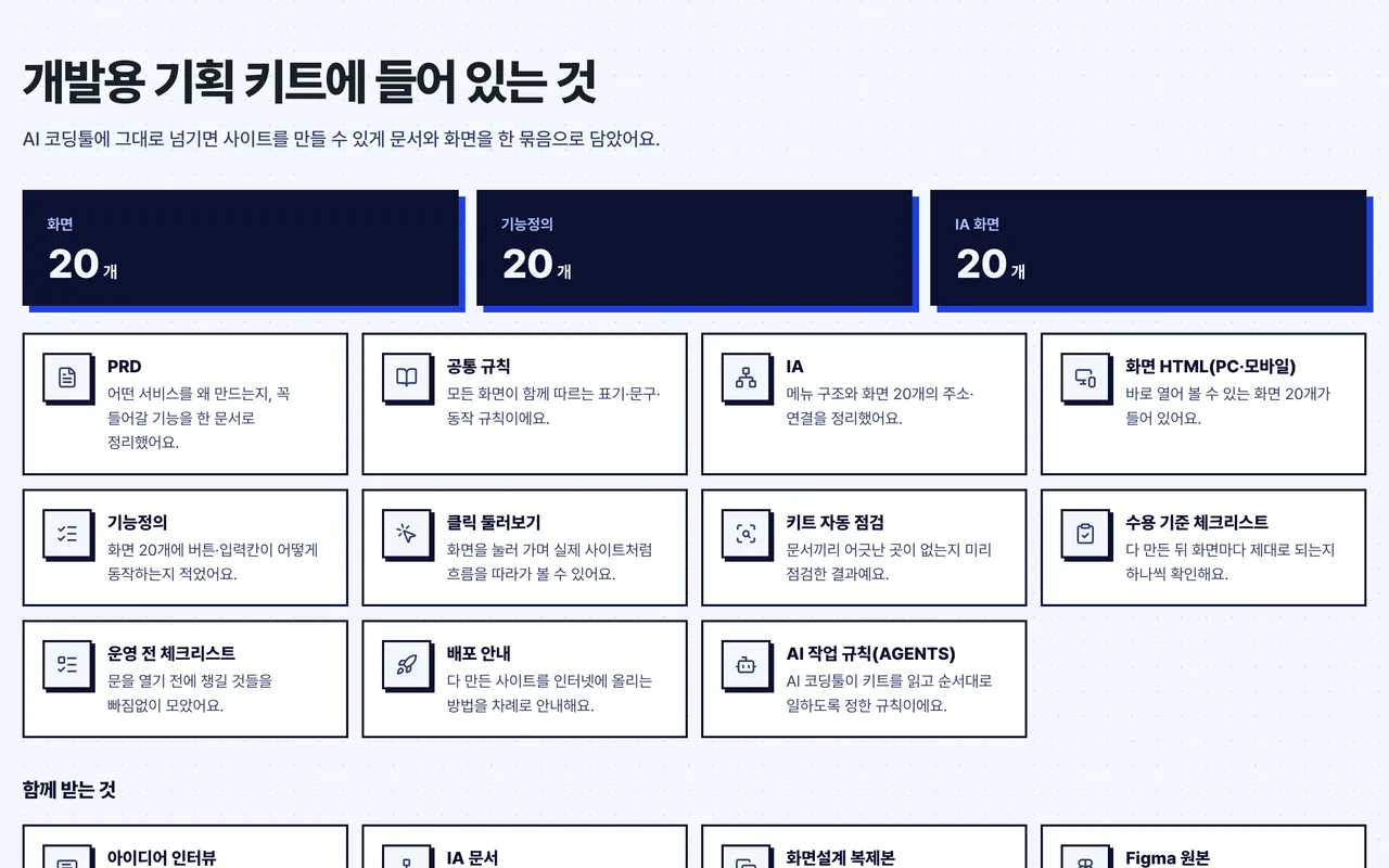 AI 개발 도구에 넣는 개발용 기획 키트 구성 화면